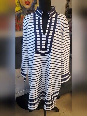 Sail To Sable Nautical Striped Navy and White Tunic Dress with Contrast Trim NWT